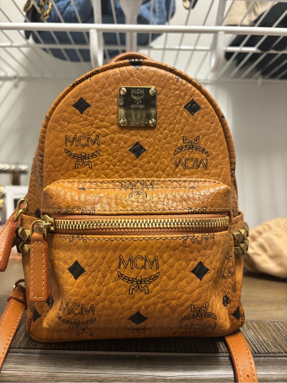 MCM Cognac Logo-Print Mini Backpack with Gold Hardware